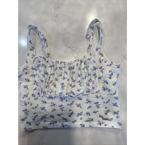 Hollister Tops - Hollister Co. Women's White and Blue Crop-top S
